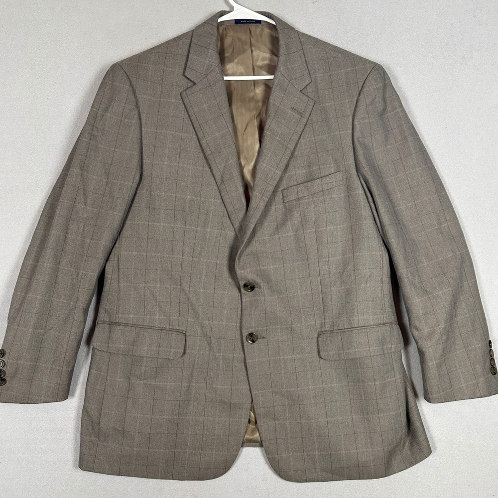 Club Room Blazer Mens 46R Windowpane Plaid Taupe Brown Two Button Sport Coat EUC